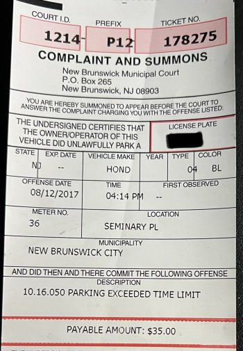 $35 Parking ticket from New Brunswick Municipal Court